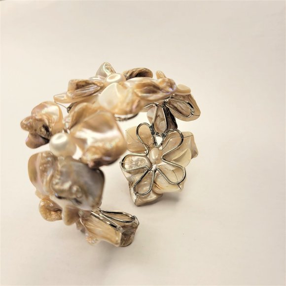 Cream White Pearl Adjustable Cuff Bangle Bracelet- NEW - Picture 6 of 12